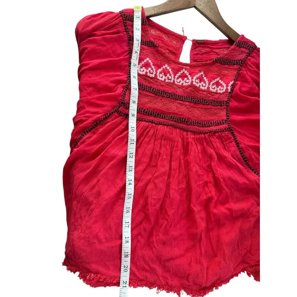 Free People Red Boho‎ Embroidered Lace Peasant Top Women’s Size S